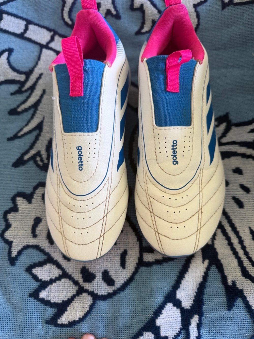 adidas White Blue Pink Kids Slip-On Cleats